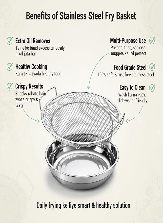 SHREESAMP Stainless Steel Oil Filter Tray Mesh Basket Frying Air Fryer Oil Strainer for Pakoda Snacks Fries Chicken Fish Crispy Food Healthy Cooking Kitchen Essential for Home Kitchen Daily Use - Image 4